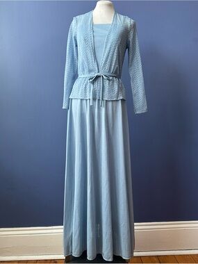 Vintage 70s Light Blue Maxi Dress with Lace Jacket